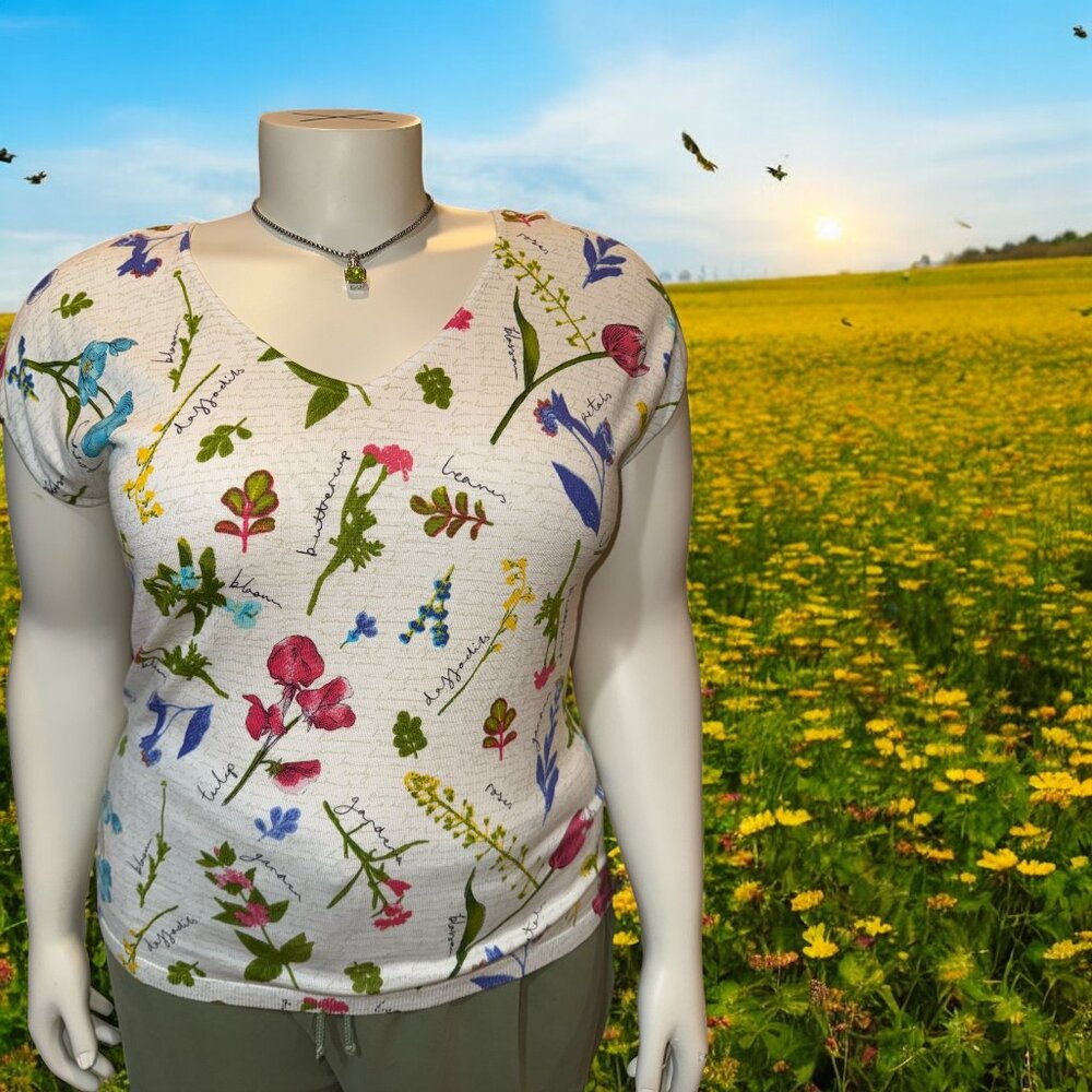 Talbots Multicolor Floral Knit V-Neck /V-Back Short Sleeve Top Women's Size 1X